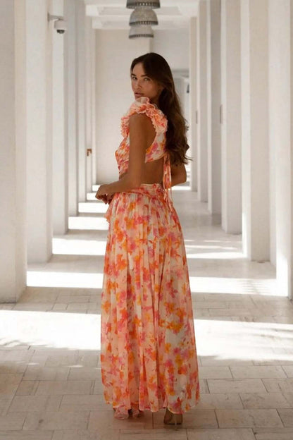 Blossom Print Ruffle Neckline Cutout Tiered Ruffle Maxi Dress