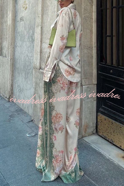 Antibes Satin Court Unique Printed Long Sleeve Loose Shirt and Elastic Waist Pants Set