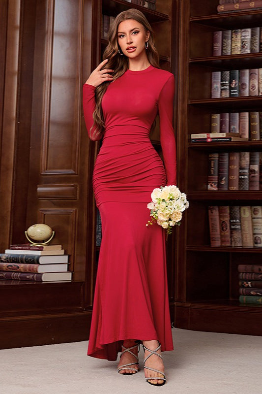 Crew Neck Mesh Sleeve Ruched Bodycon Trumpet Hem Maxi Dress