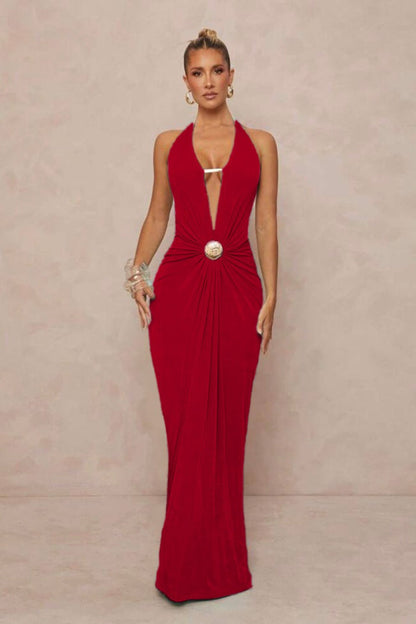 | Deep V Halter Ruched Backless Maxi Dress