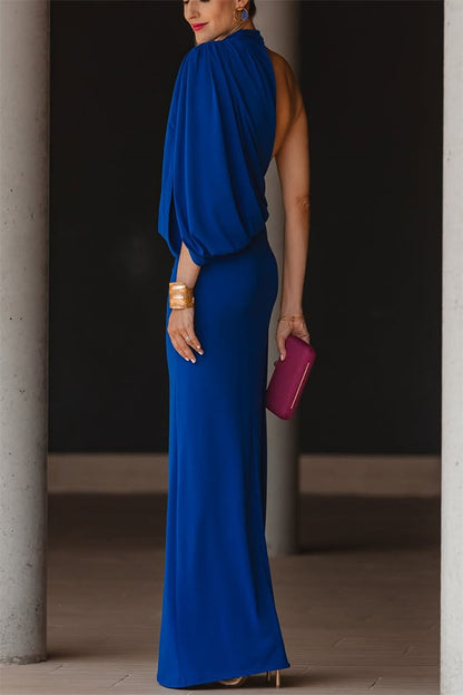 Royal Blue High Neck Asymmetrical Cutout Sleeve Drape Maxi Dress