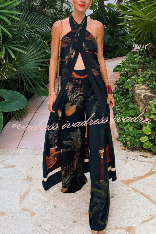 Jungle Elf Unique Print Halter Slit Midi Tank and Elastic Waist Wide Pants Set