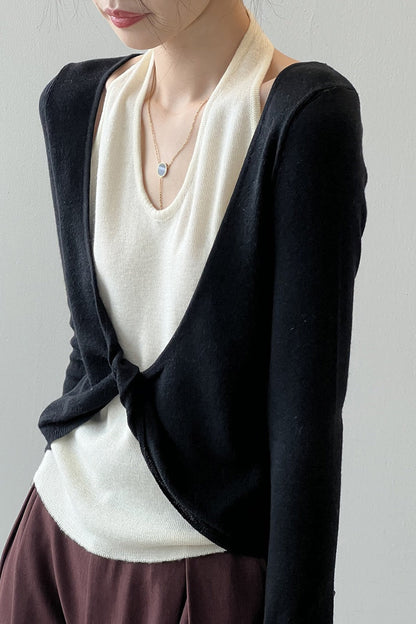 Patchwork Layered Halter Long Sleeve Tee