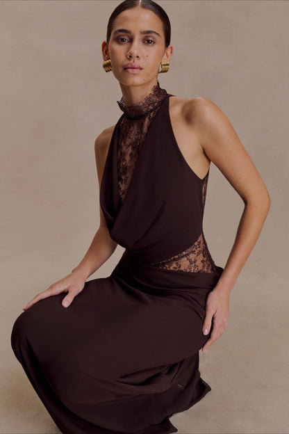 Halter Lace Collar Cowl Neck Diagonal Lace Panel Waist Maxi Gown