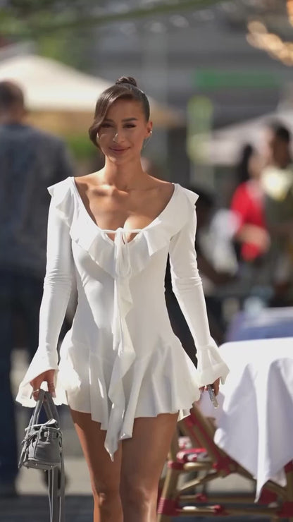 Ruffle Trim Tie Front Keyhole Long Sleeve Tiered Fit and Flare Mini Dress