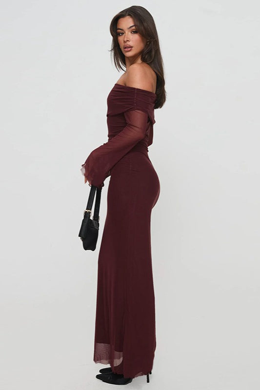 Off Shoulder Mesh Long Sleeve Ruched Bodycon Mesh Overlay Maxi Dress