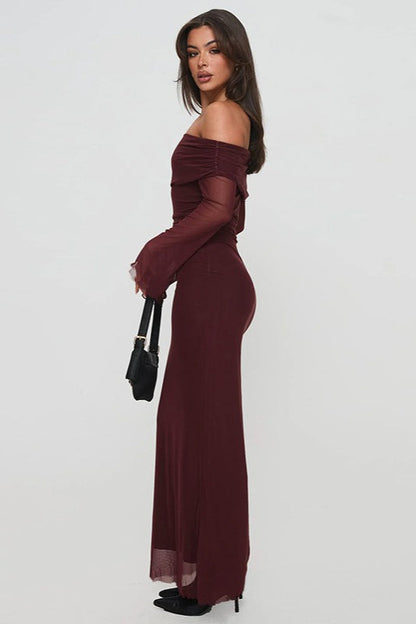 Off Shoulder Mesh Long Sleeve Ruched Bodycon Mesh Overlay Maxi Dress