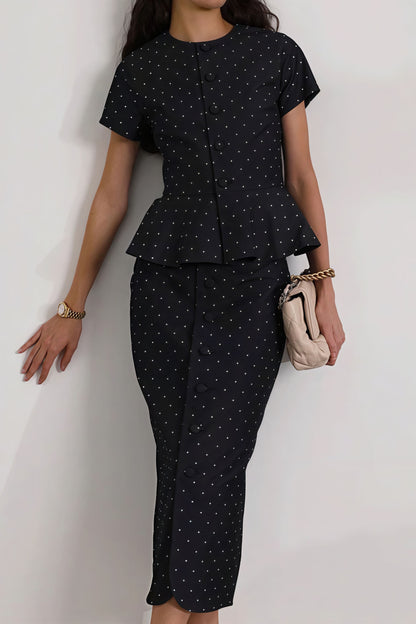 Polka Dot Print Short Sleeve Bodycon Skirt  Set