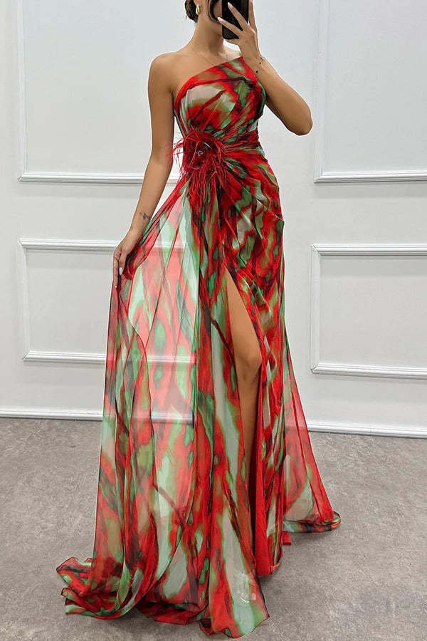 One-Shoulder Ruched Feather Floral Accent Marble Print High-Slit Maxi Gown