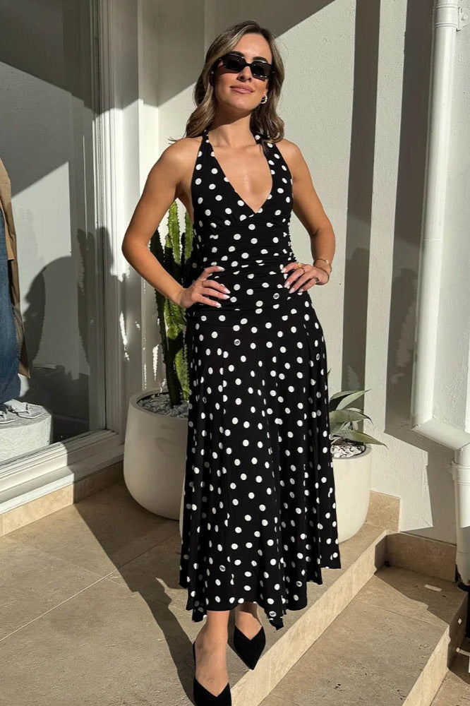 Polka Dot Halter V-Neck Ruched Crop Top Wide Leg Jumpsuit