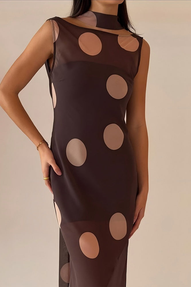Polka Dot Sheer Mesh Boat Neck Scarf Detail Column Maxi Dress