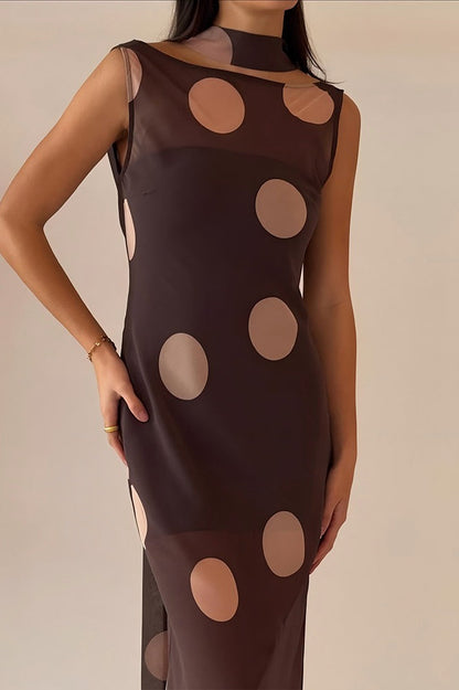 Polka Dot Sheer Mesh Boat Neck Scarf Detail Column Maxi Dress