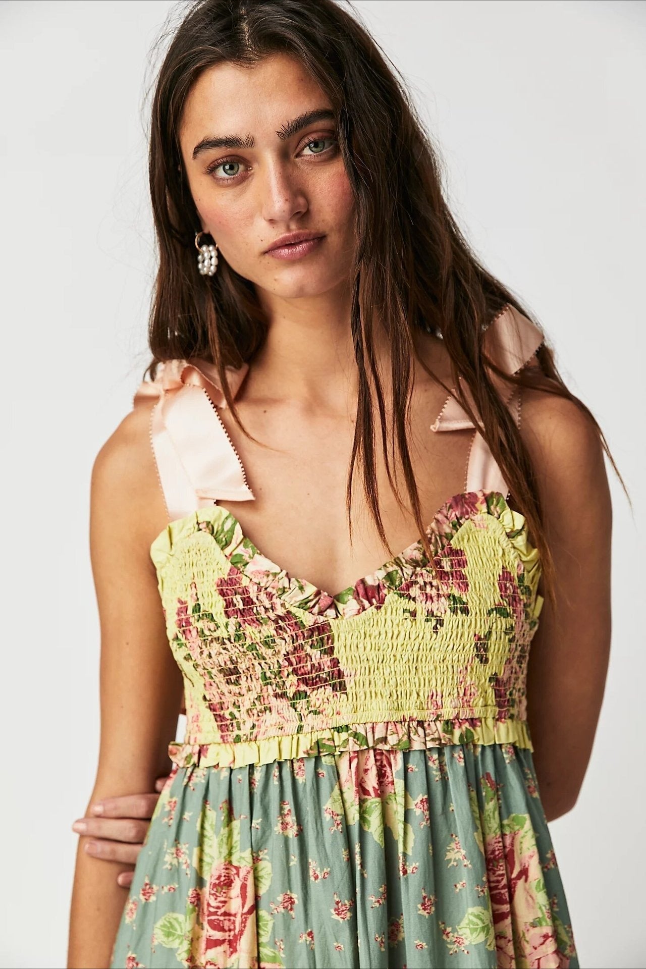 Smocked Tie Shoulder Bow Tiered Patchwork Floral Print Maxi Dress