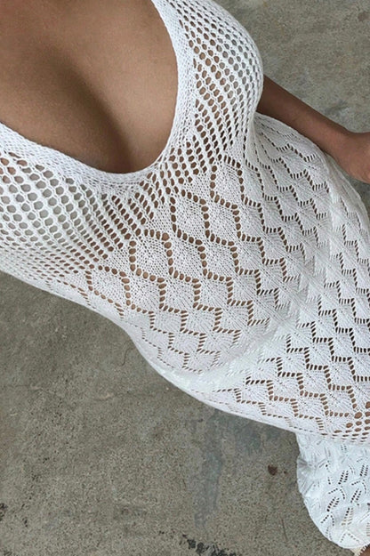Solid Color Knitted Openwork Halter Neck Slim-fit Cover-up Maxi Dress
