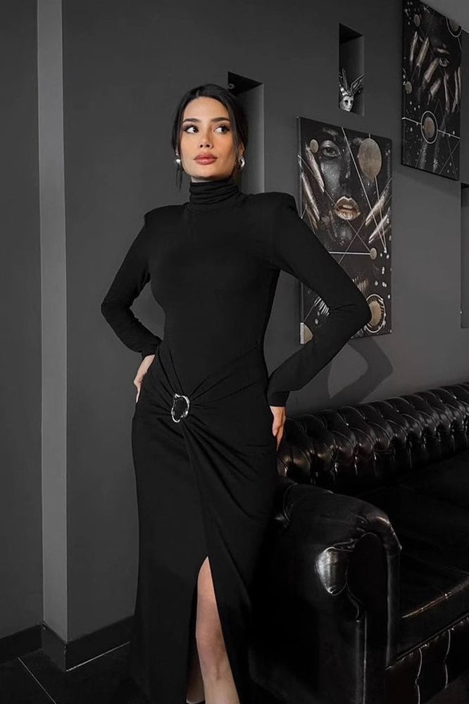 Mock Neck Long Sleeve Ring Hardware Ruched Wrap High Slit Maxi Dress