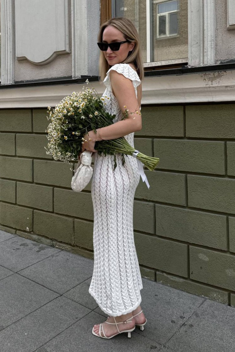 | Ruffle V Neck Knit Maxi Dress