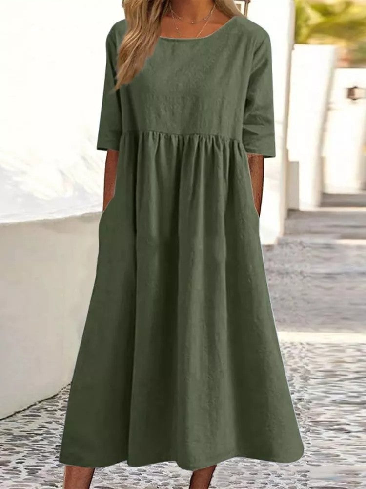 Linen Look Crew Neck Three Quarter Sleeve Pocket Empire Waist Midi Dress