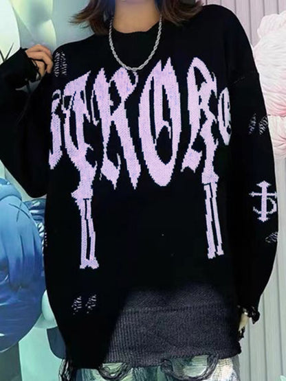 Letter Jacquard Ripped Holes Pullover Sweater