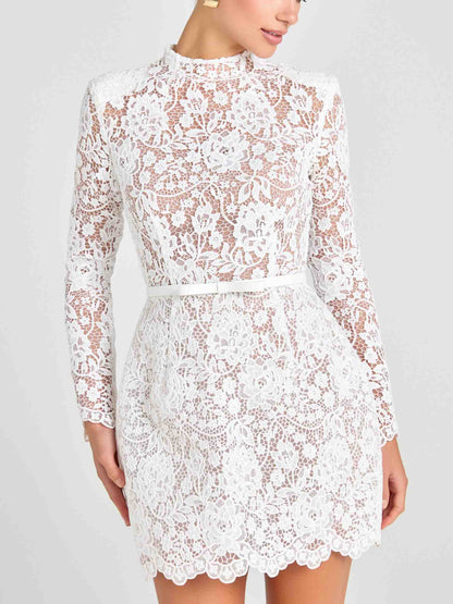 Elegant Floral Lace Long Sleeve Cutout Mini Dress