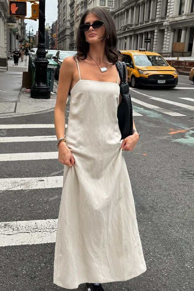 | Khaki Linen Cotton Loose Maxi Dress