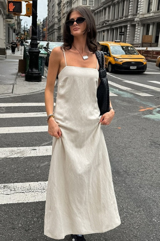 | Khaki Linen Cotton Loose Maxi Dress