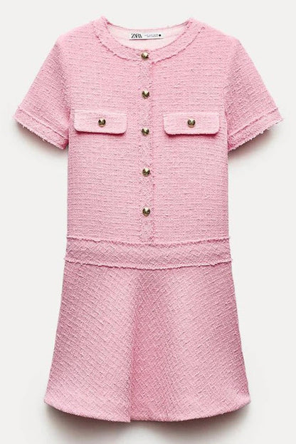 Metal Button Short Sleeve Round Neck Tweed Fit-and-Flare Mini Dress