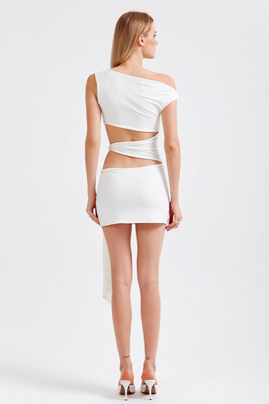 One Shoulder Asymmetrical Cutout Wrap Waist Draped Sash Mini Dress