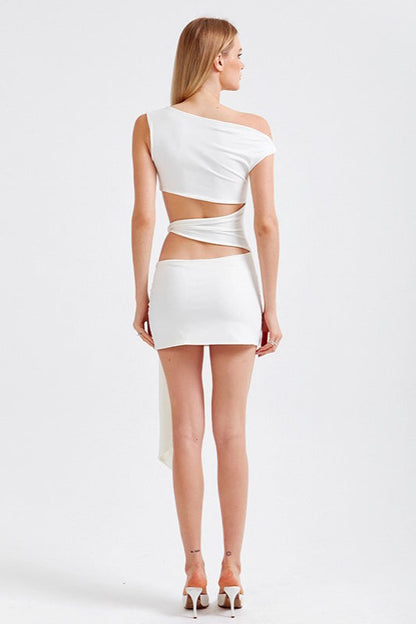 One Shoulder Asymmetrical Cutout Wrap Waist Draped Sash Mini Dress