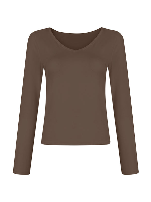 Solid V Neck Slim Long Sleeve Tee