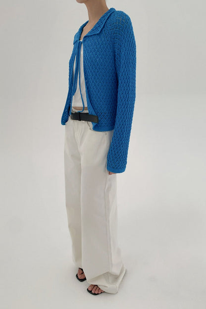 Hollow-Out Collared Tie-Waist Long-Sleeve Short Knit Cardigan