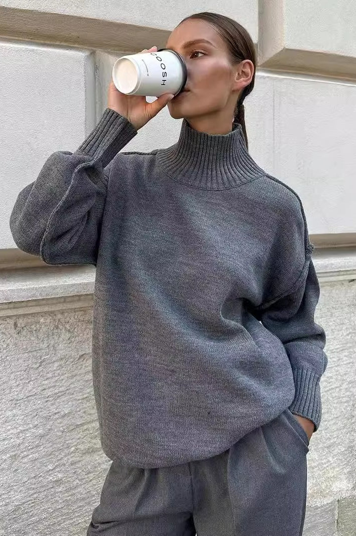 Color Block High Neck Knit Sweater