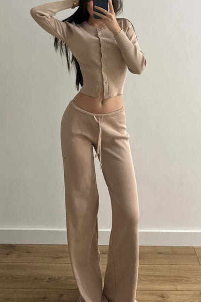 | Fitted Buttoned Long-Sleeve Low-Rise Knit Two Piece Set