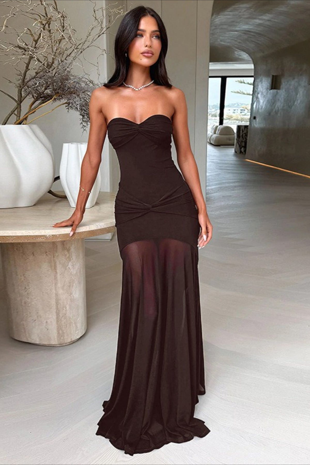 | Mesh Patchwork Strapless Backless Bodycon Maxi Dress