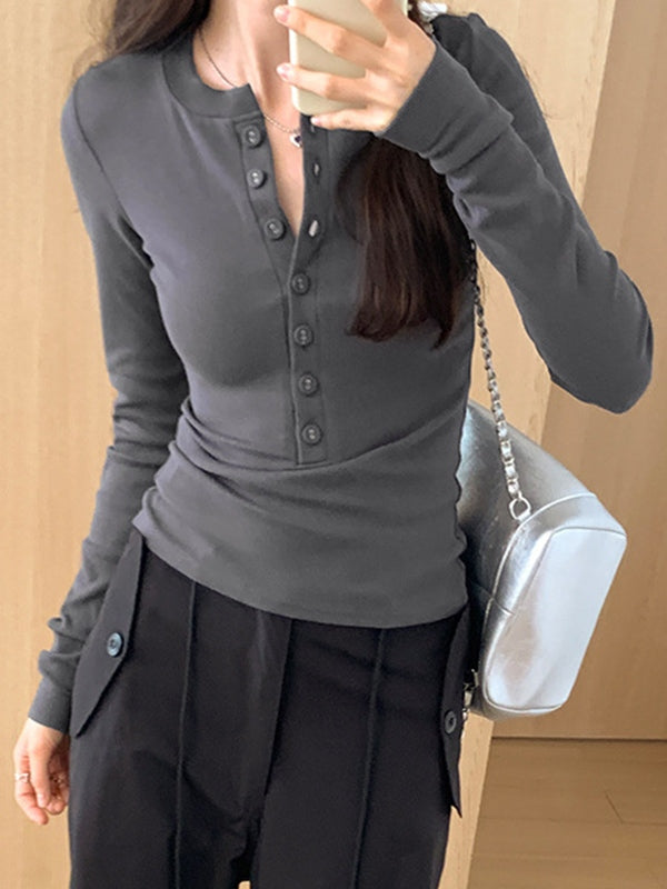 Solid Breasted Slim Long Sleeve Knit