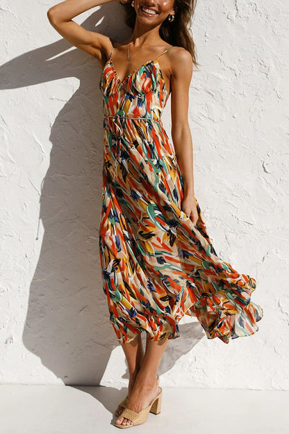 Abstract Print Spaghetti Strap V-Neck Drawstring Waist Tiered Ruffle Midi Dress