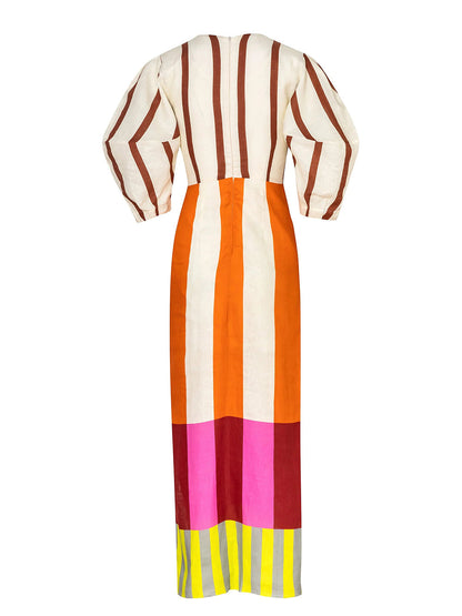 Deep V Neck Puff Sleeve Knotted Front Panel Stripe Maxi Dress