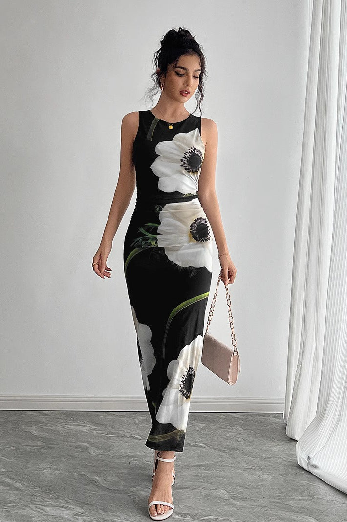 Oversized Floral Print Sleeveless Crew Neck Bodycon Maxi Dress