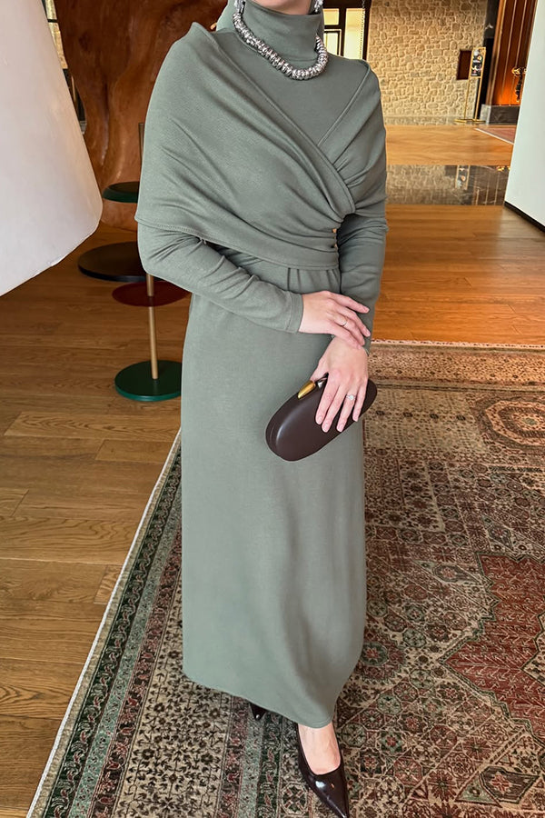 Solid Color High-neck Long-sleeved Crossover Waist Slim-fit Maxi Dress