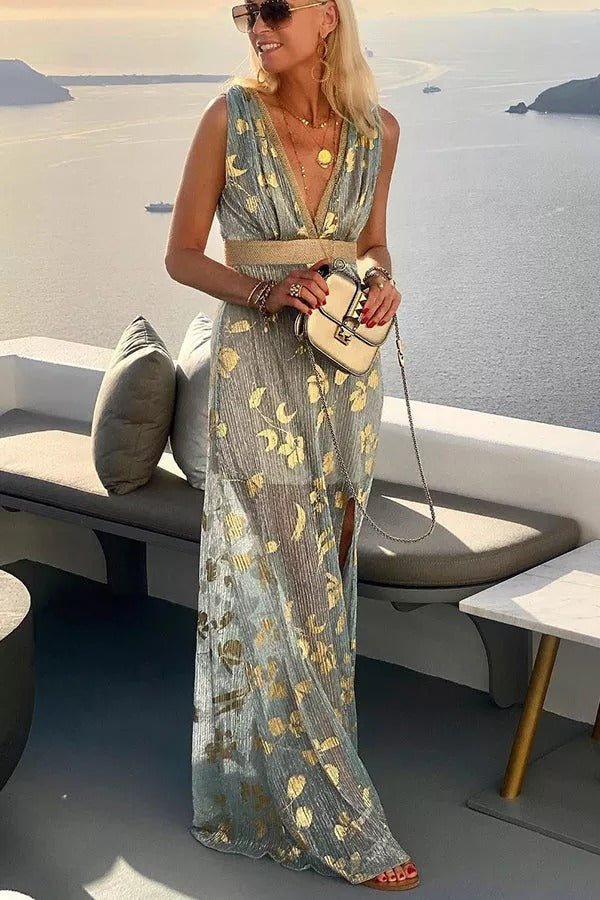 Distressed Metallic Foil Print Deep V-Neck Empire Waist Sleeveless Maxi Dress