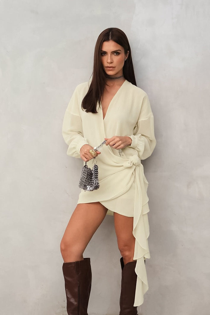 Deep V-Neck Wrap Tie Waist Bishop Sleeve Mini Dress