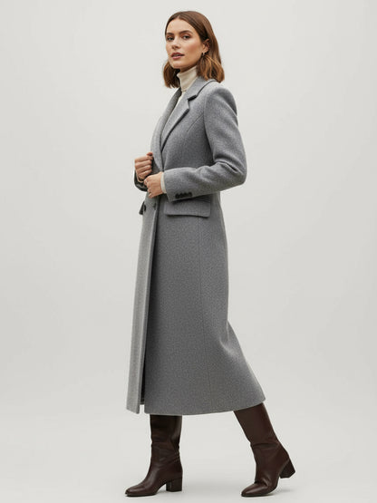 Woolen Double-Breasted Long Coat With Notch Lapel And Flap Pockets For Women 2026