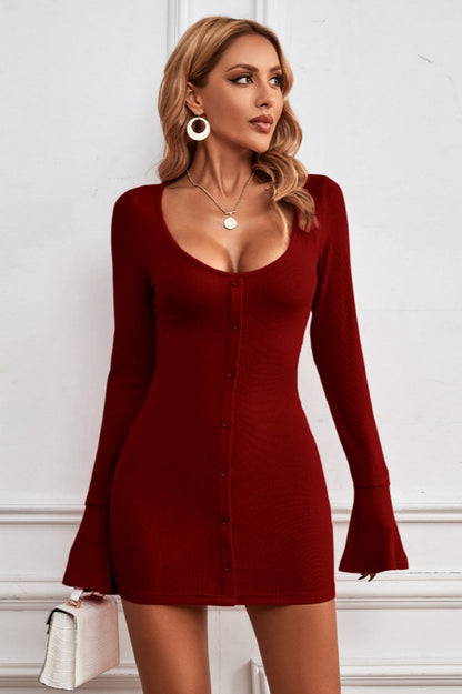 Buttoned U-Neck Bodycon Sweater Dress