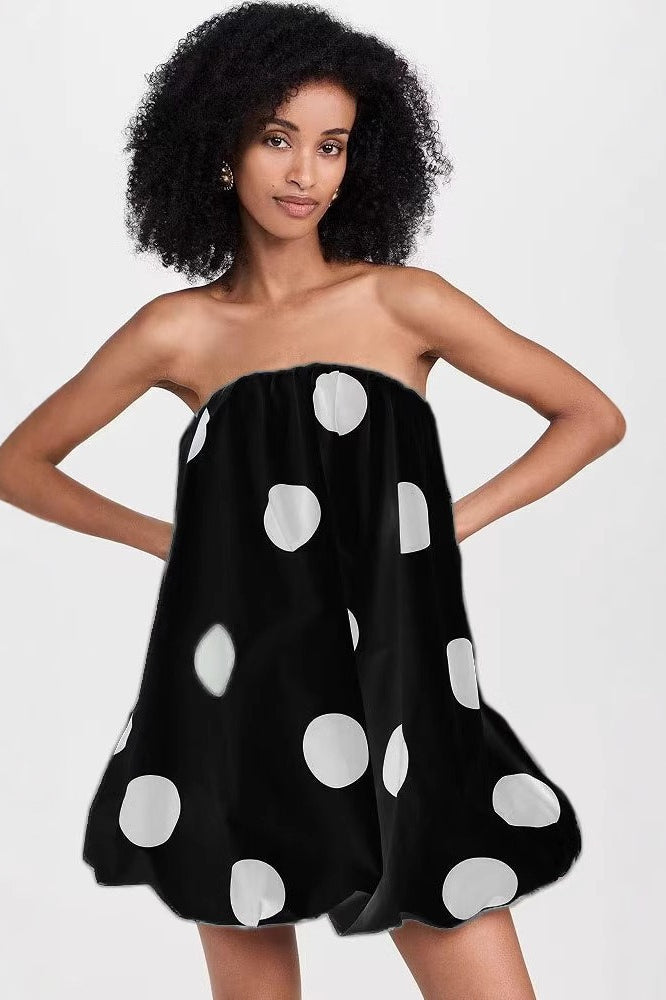 Polka Dot Strapless Gathered Bubble Hem Tent Mini Dress