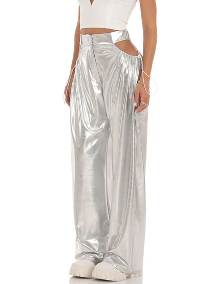 Metallic Cutout Drawstring Wide Leg Pants