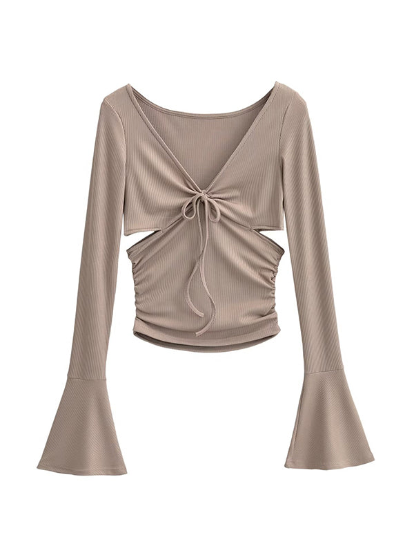 Solid V Neck Side Cutout Trumpet Sleeve Long Sleeve Knit