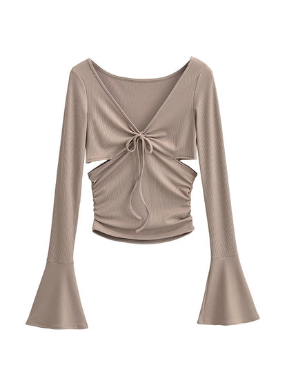 Solid V Neck Side Cutout Trumpet Sleeve Long Sleeve Knit