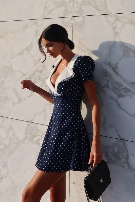 Vintage Lace Trim Polka Dot V-Neck Fitted Mini Dress
