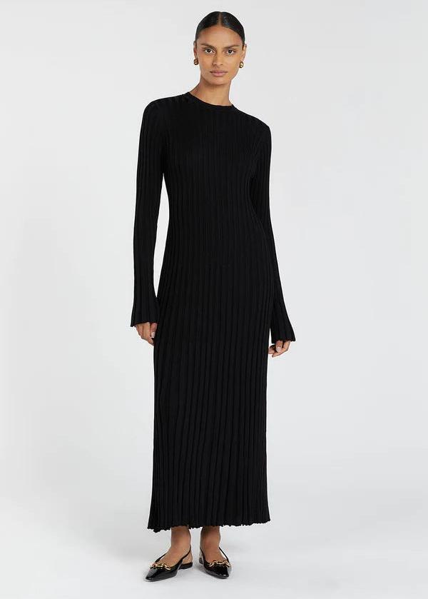 Crew Neck Ribbed Knit Long Sleeve Bodycon Maxi Dress