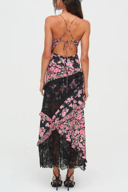 Fashionable Floral Print Lace Patchwork Hollow-out Slim Fit Vacation Ruffle Maxi Dress