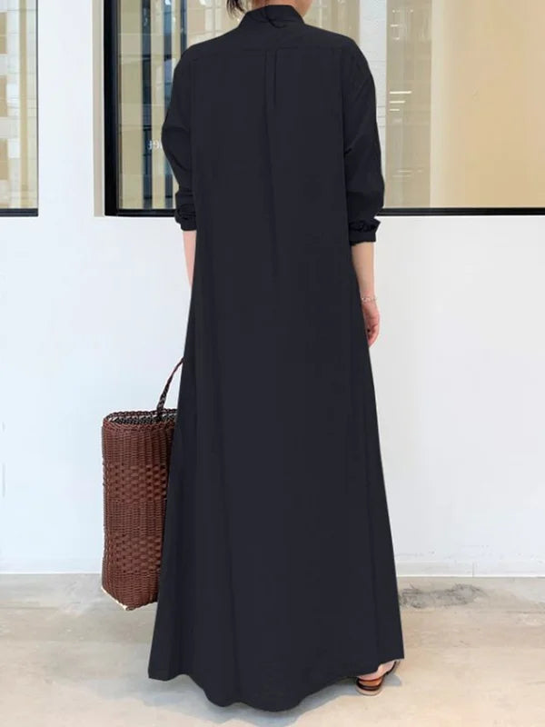 Oversized Button-Front Collared Long Sleeve Pocket Shirt Maxi Dress